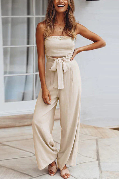 Off Shoulder Bow Tie Waist Resort Jumpsuit