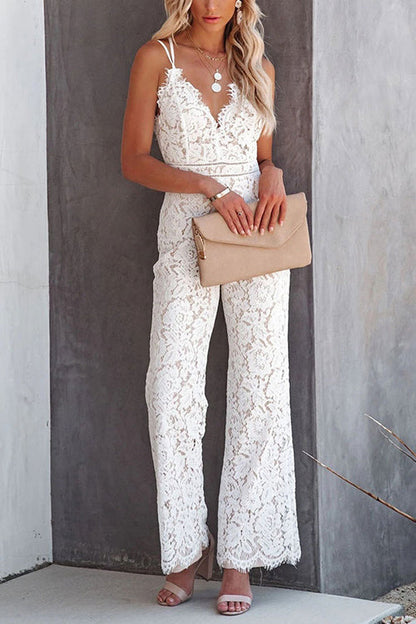 V Neck Waisted Wide Leg Cami Lace Jumpsuit