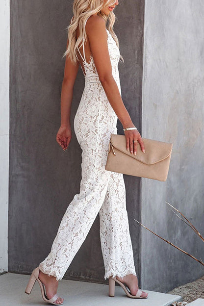 V Neck Waisted Cami Lace Jumpsuit