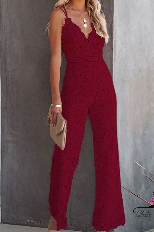 V Neck Waisted Wide Leg Cami Lace Jumpsuit