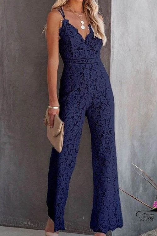 Moxidress V Neck Waisted Cami Lace Jumpsuit