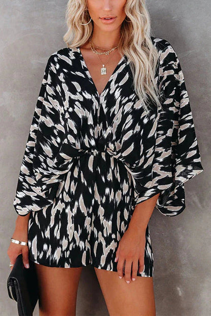 V Neck Batwing Sleeve Waisted Printed Jumpsuit