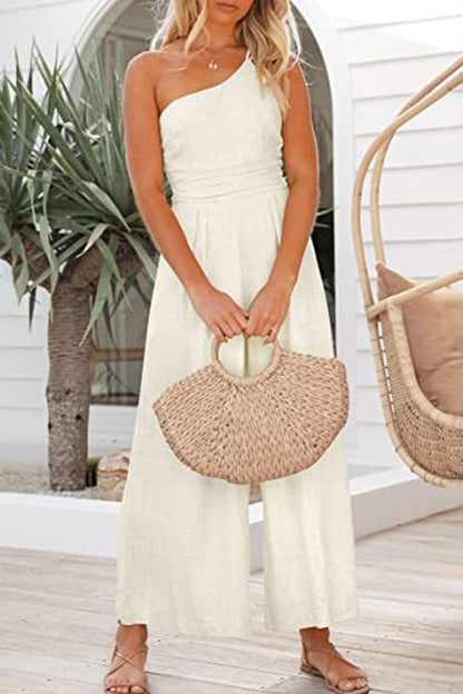 One Shoulder Sleeveless Wide Leg Jumpsuit