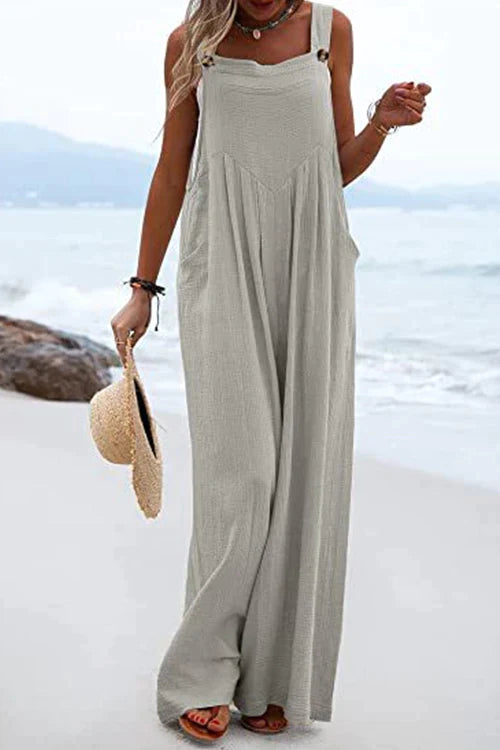 Buttons Wide Leg Tank Jumpsuit With Pockets