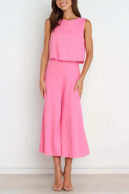 Crewneck Sleeveless Top and Wide Leg Pants Set
