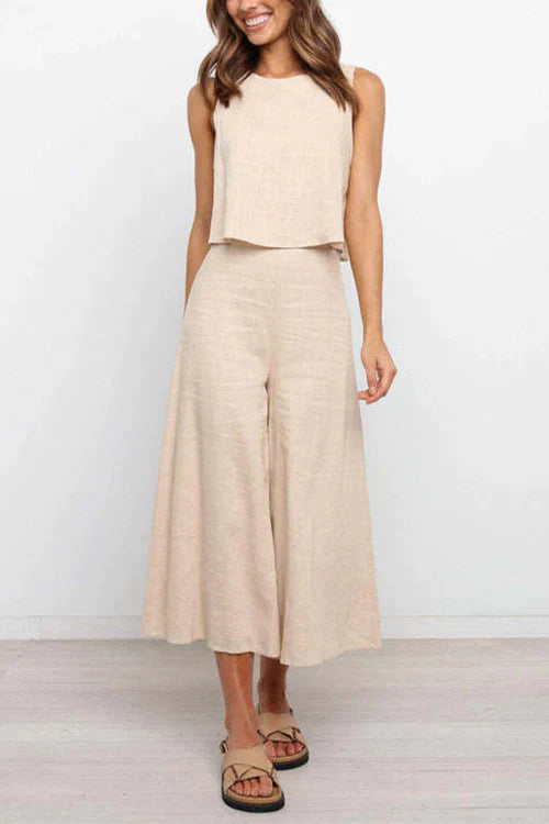 Crewneck Sleeveless Top and Wide Leg Pants Set