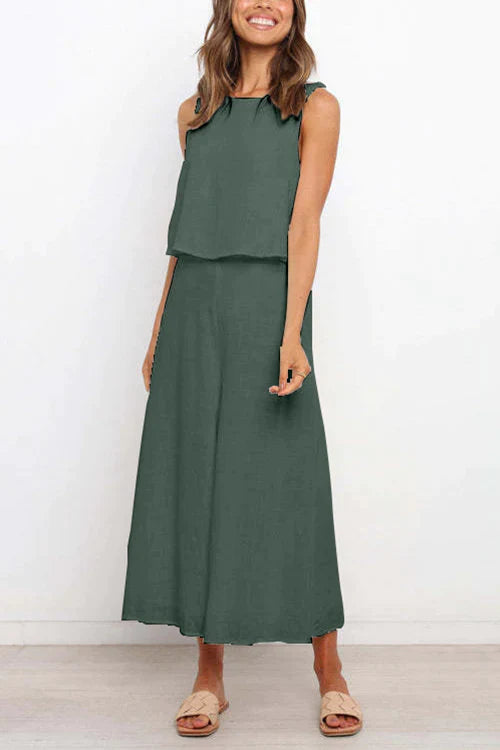 Crewneck Sleeveless Top and Wide Leg Pants Set