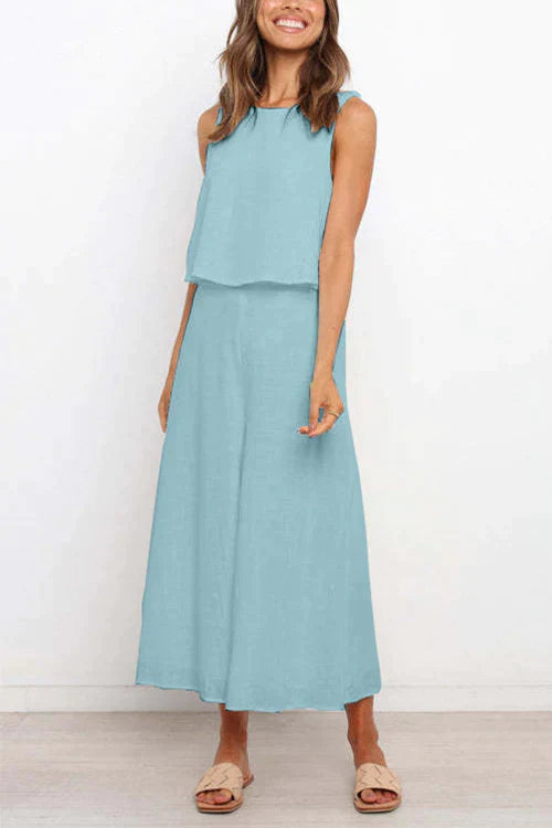 Crewneck Sleeveless Top and Wide Leg Pants Set