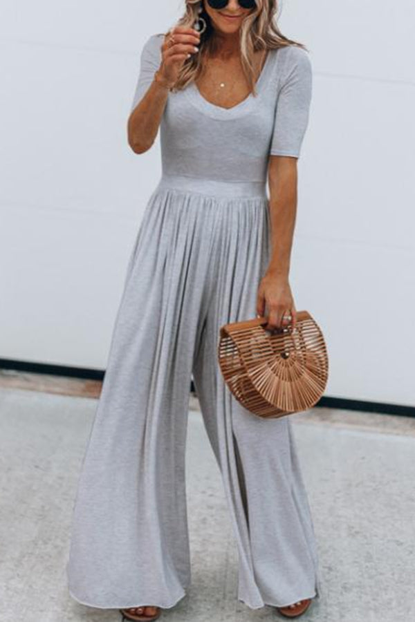 U Neck Short Sleeve Ruched Wide Leg Jumpsuit