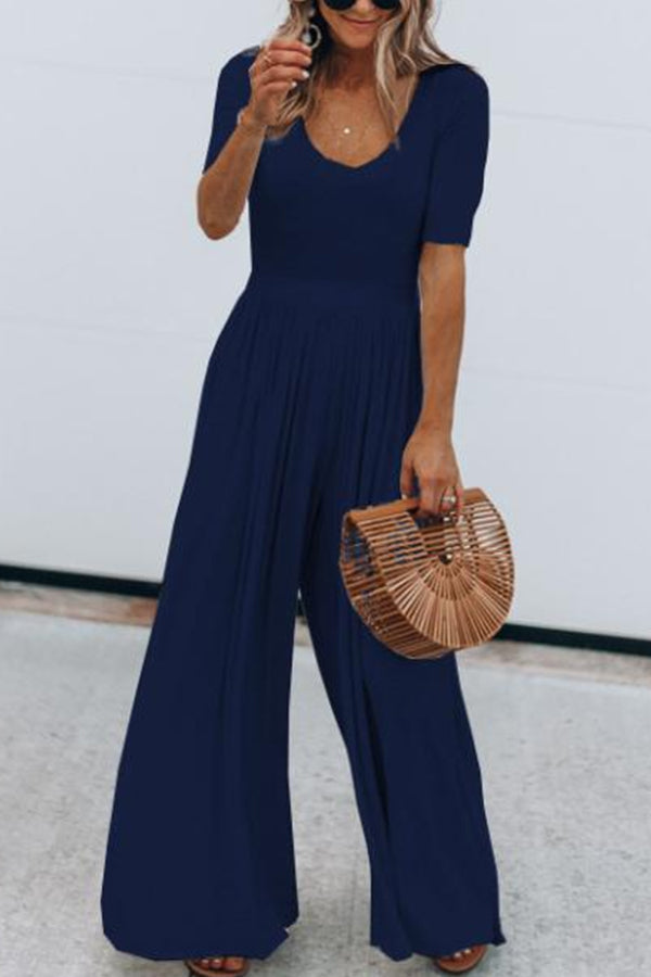 U Neck Short Sleeve Ruched Wide Leg Jumpsuit