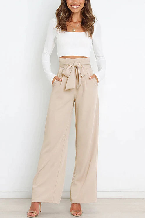 Tie Waist Wide Leg Office Pants