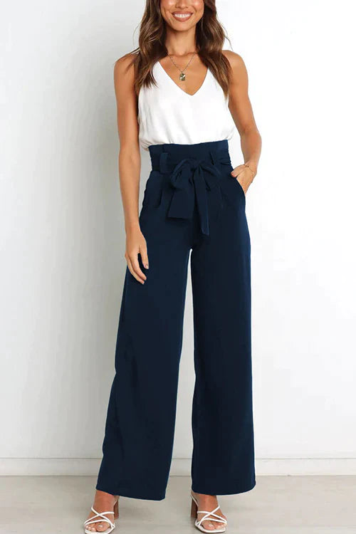 Tie Waist Wide Leg Office Pants