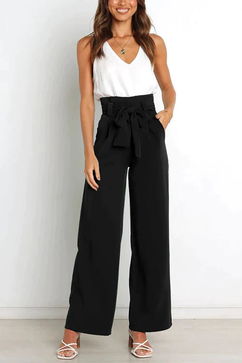 Tie Waist Wide Leg Office Pants