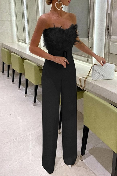 Off Shoulder Feather Splice Straight Leg Jumpsuit