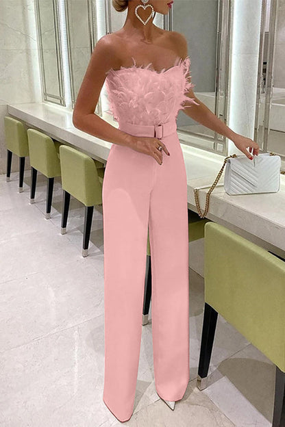 Off Shoulder Feather Splice Straight Leg Jumpsuit