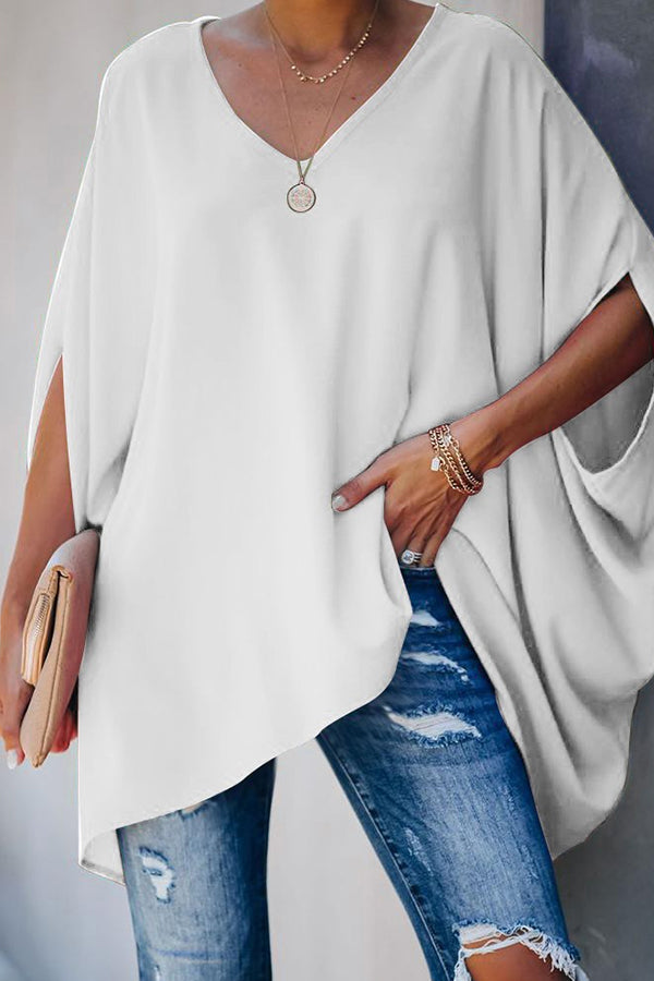 V Neck Half Sleeve Loose Batwing T-shirt