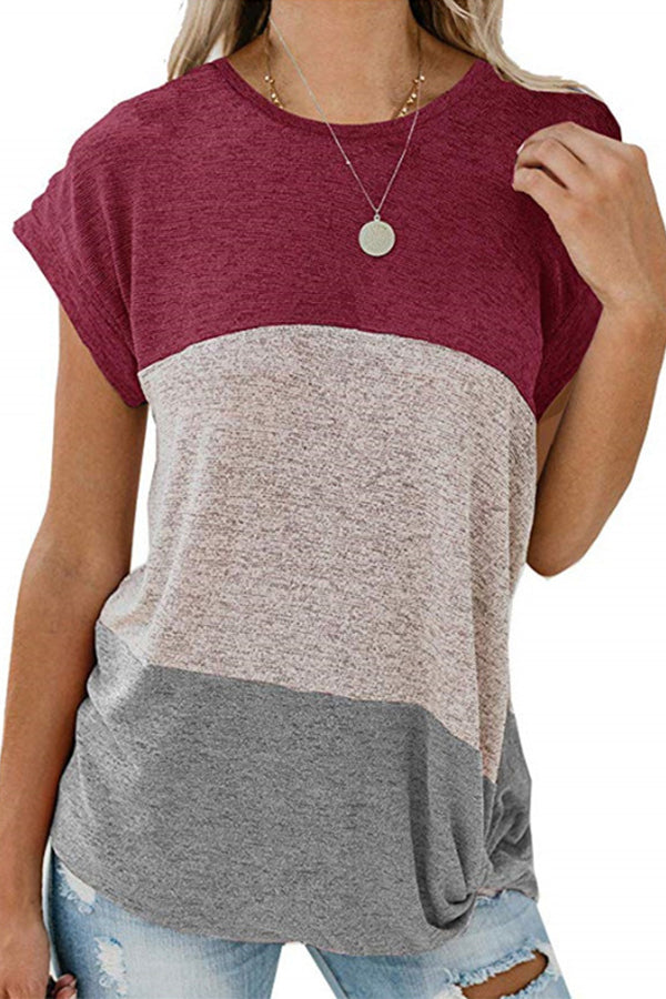 Short Sleeve Twist Knot Color Block T-shirt