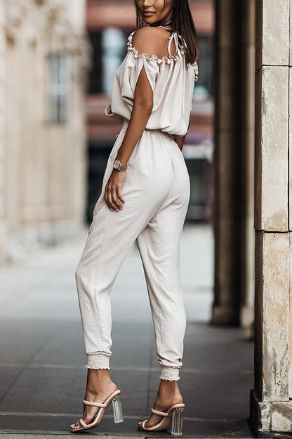 Wrap V Neck Cold Shoulder Elastic Waist Jogger Jumpsuit