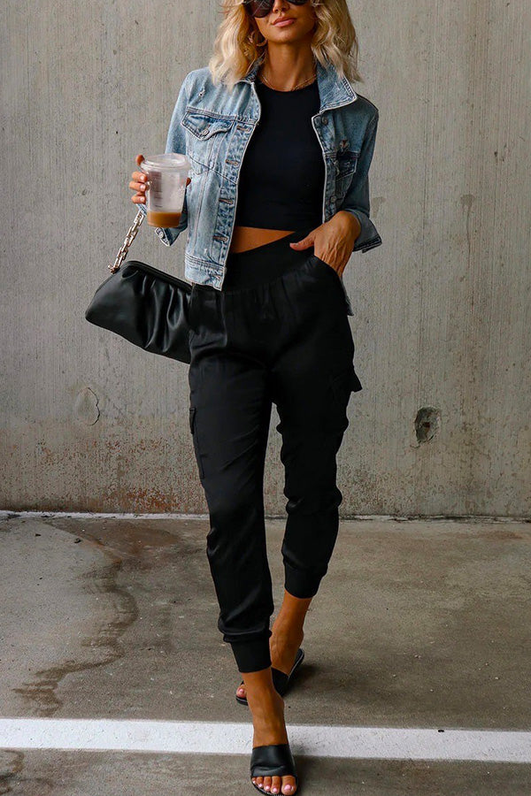 High Waist Skinny Satin Pants With Pockets(3 Colors Available)