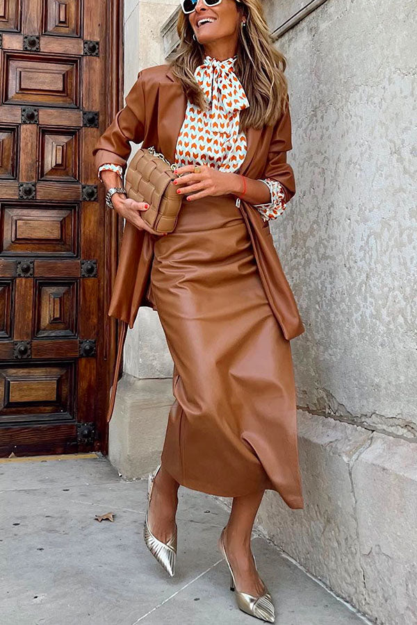 Ruched Side Split Leather Skirt