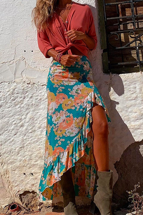 High Split Ruffle Printed Bodycon Skirts