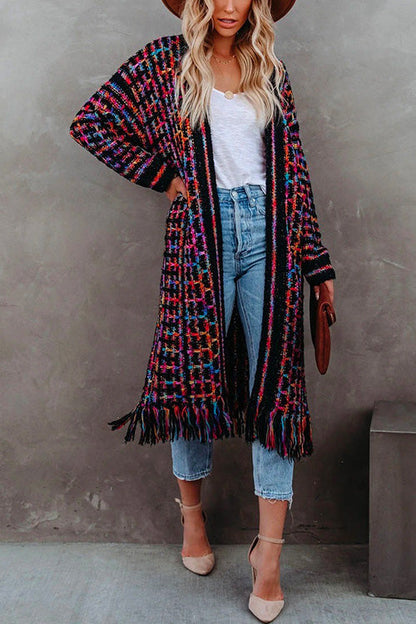Tassel Open Front Multi-colored Print Knit Cardigans