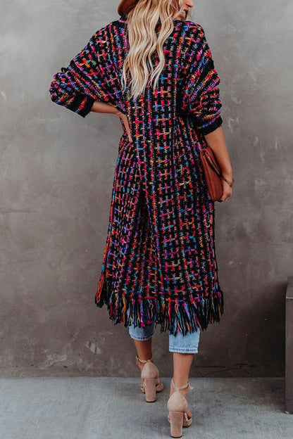 Tassel Open Front Multi-colored Print Knit Cardigans