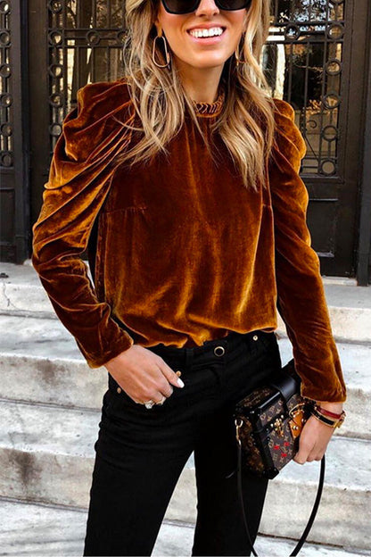 Turtleneck Puff Sleeve Loose Velvet Sweatshirt