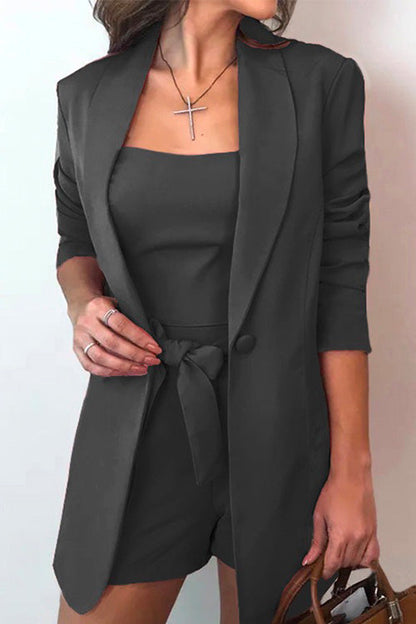 Moxidress Square Collar Top and One Button Cardigans Tie Waist Shorts Three Pieces