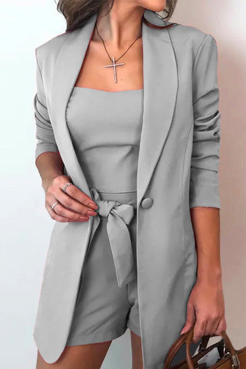 Moxidress Square Collar Top and One Button Cardigans Tie Waist Shorts Three Pieces