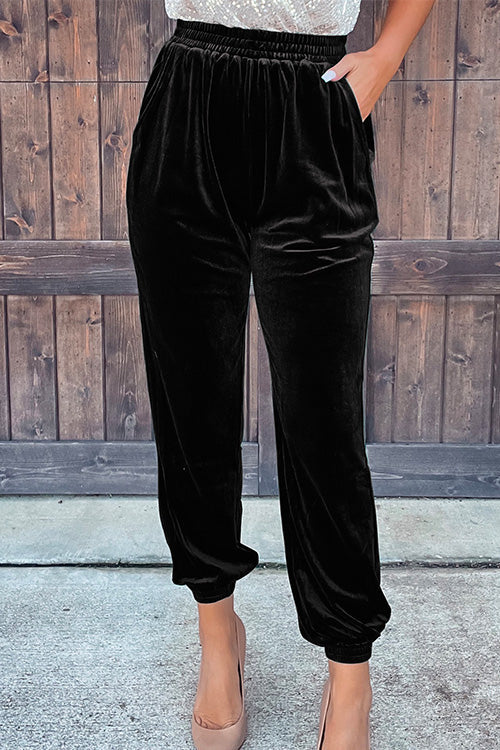 Moxidress Elastic Waist Velvet Joggers Pants With Pockets