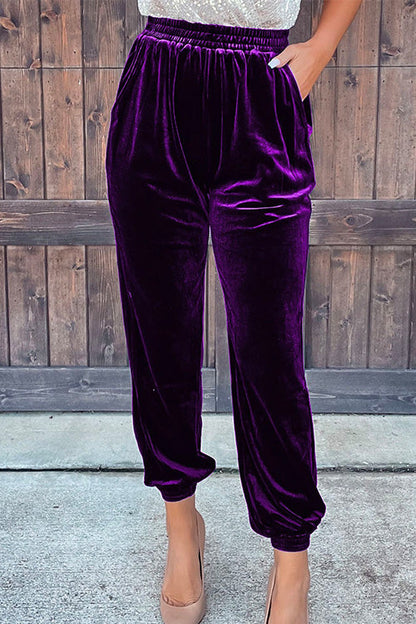 Moxidress Elastic Waist Velvet Joggers Pants With Pockets