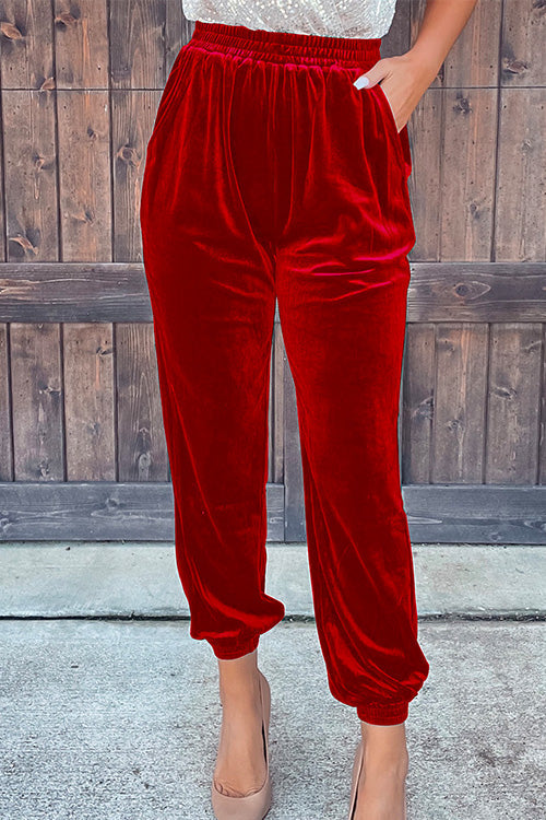 Elastic Waist Velvet Joggers Pants With Pockets