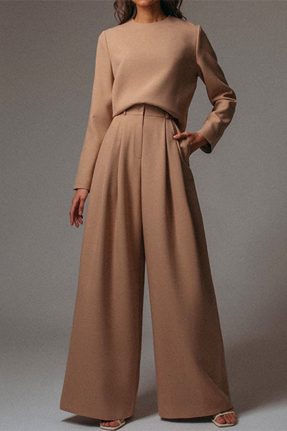 Moxidress Crewneck Long Sleeve Pullover and Wide Leg Pants Set