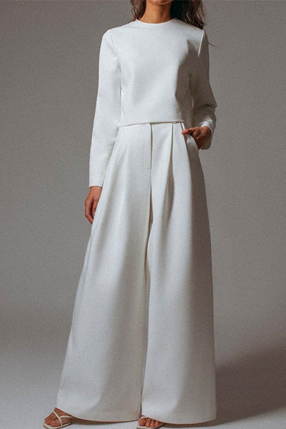 Crewneck Long Sleeve Pullover and Wide Leg Pants Set