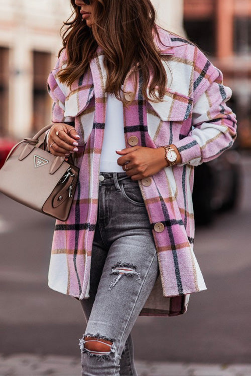 Moxidress Lapel Button Down Pockets Plaid Cardigans