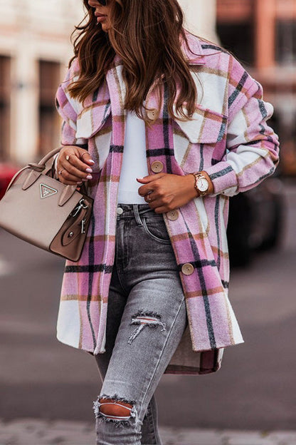 Moxidress Lapel Button Down Pockets Plaid Cardigans