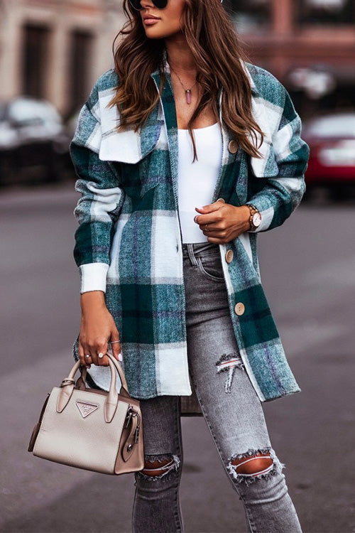 Lapel Button Down Pockets Plaid Cardigans