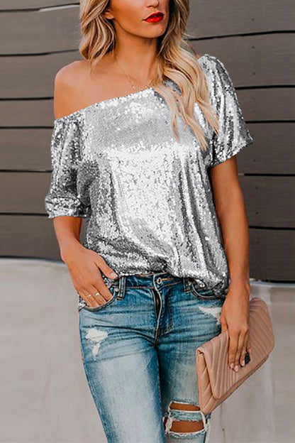 Moxidress Off Shoulder Short Sleeve Sequin T-shirt