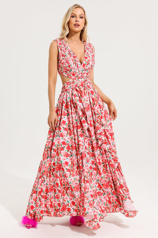 V-neck Sleeveless Frill Maxi Dress