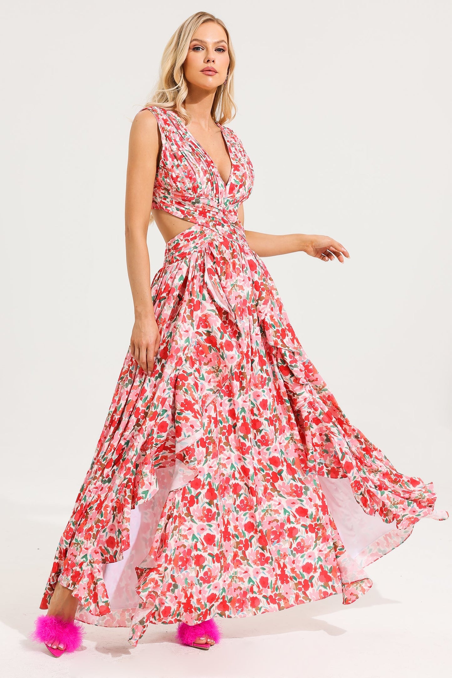 V-neck Sleeveless Frill Maxi Dress