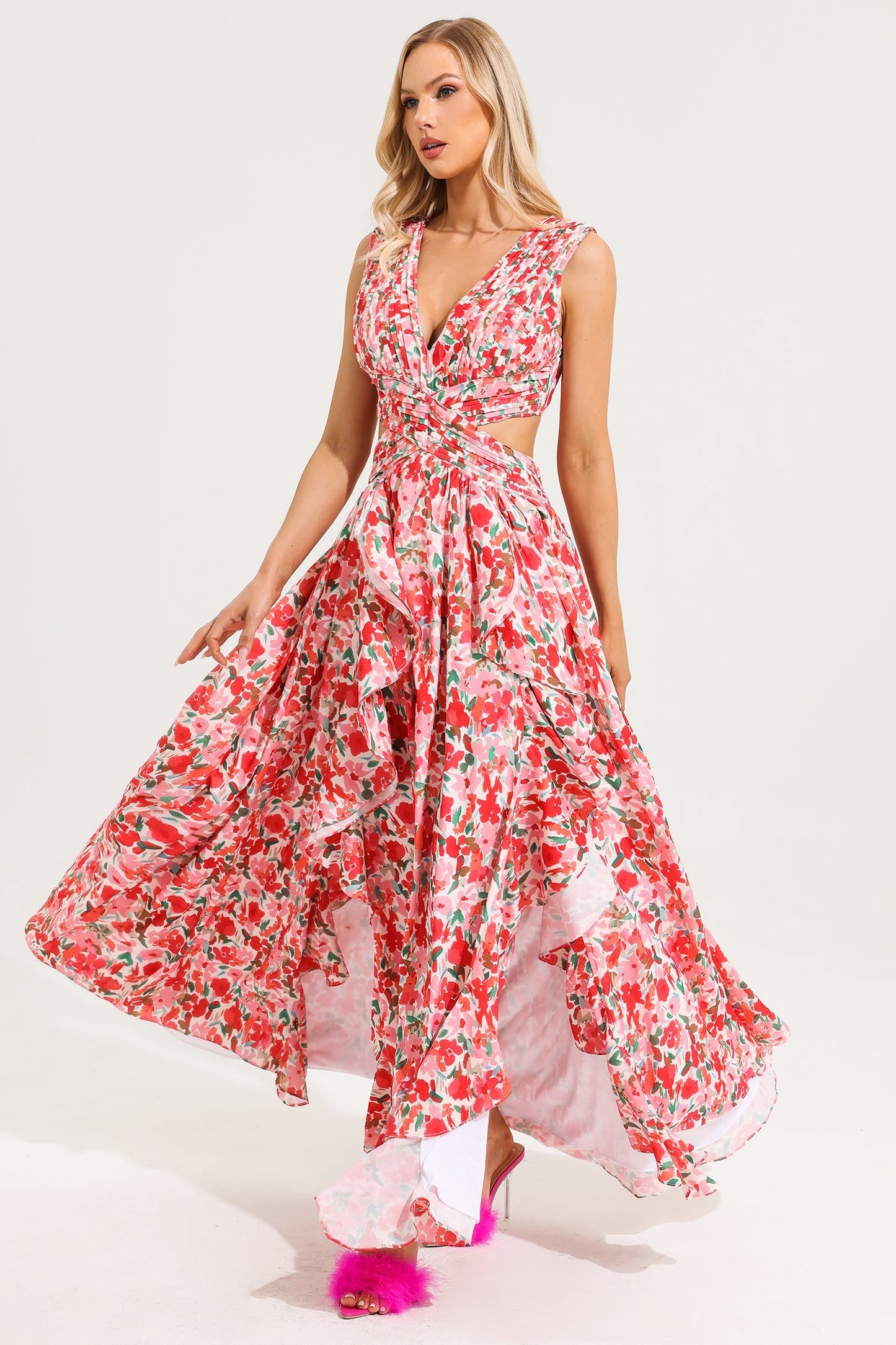 V-neck Sleeveless Frill Maxi Dress