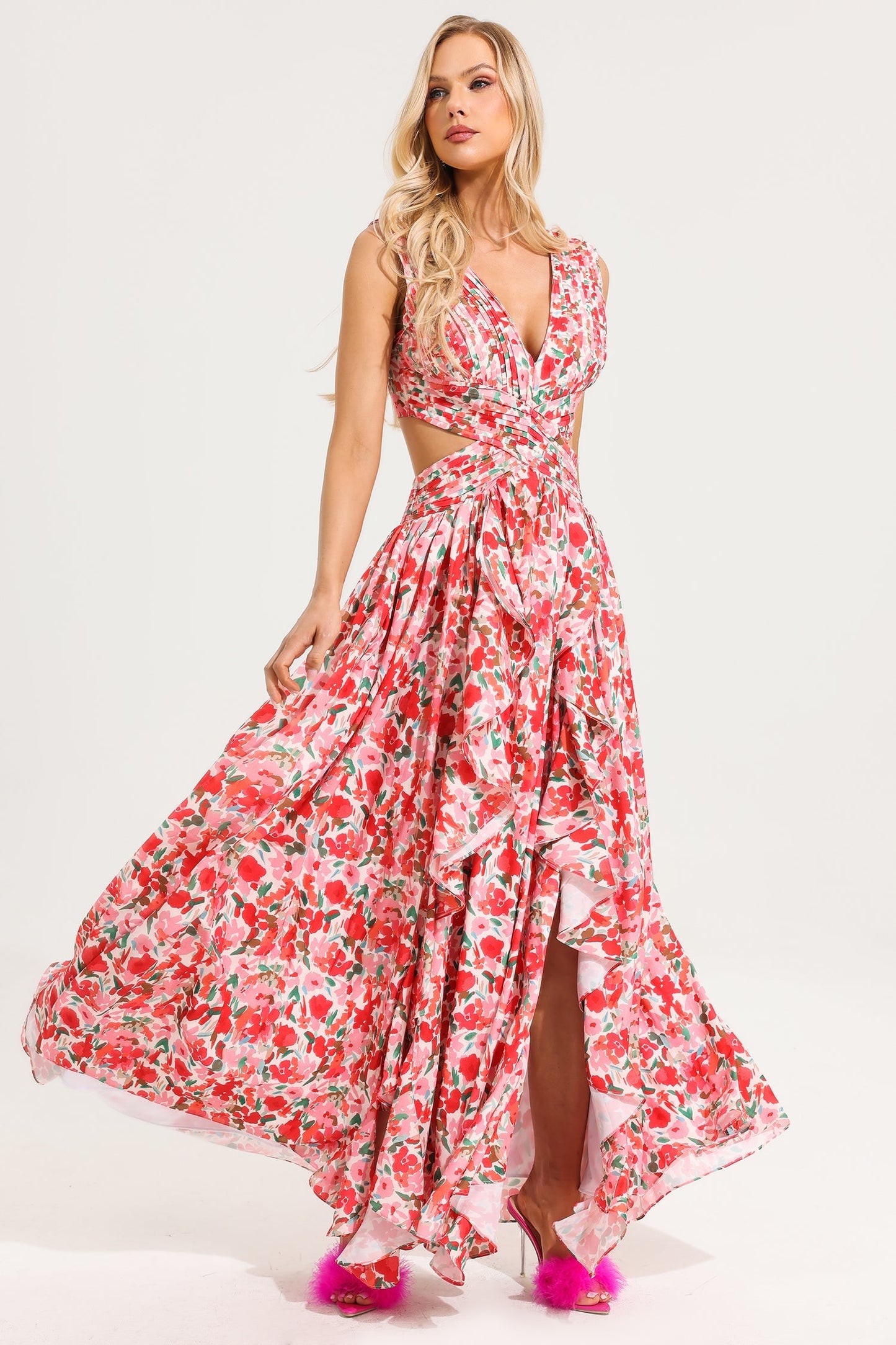 V-neck Sleeveless Frill Maxi Dress