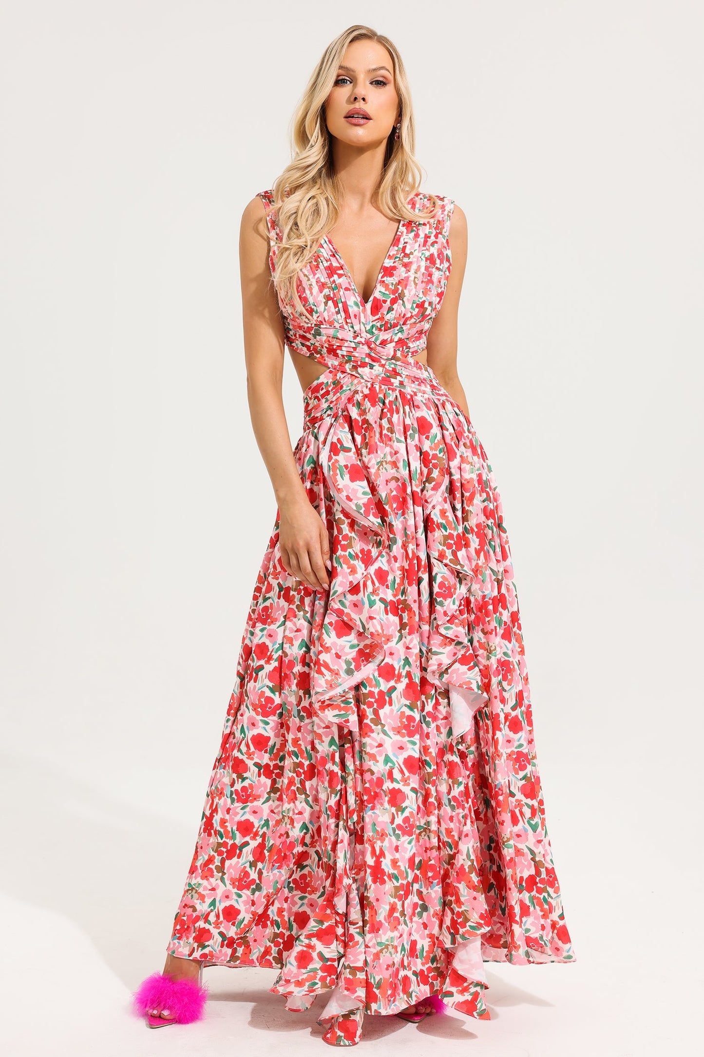 V-neck Sleeveless Frill Maxi Dress