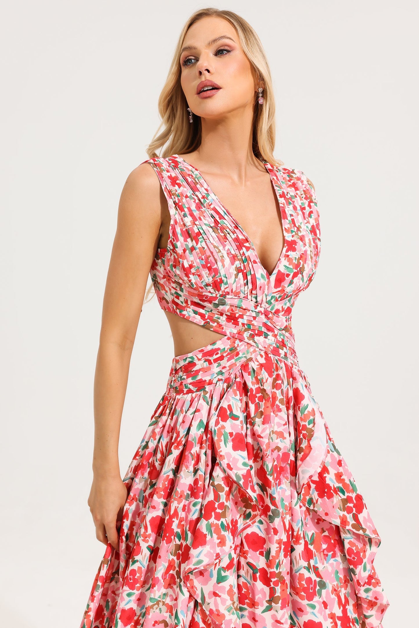V-neck Sleeveless Frill Maxi Dress
