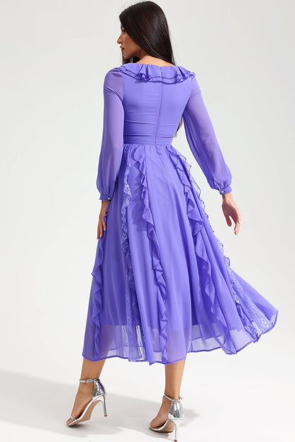Long Sleeve V-neck Ruffle Midi Dress Purple