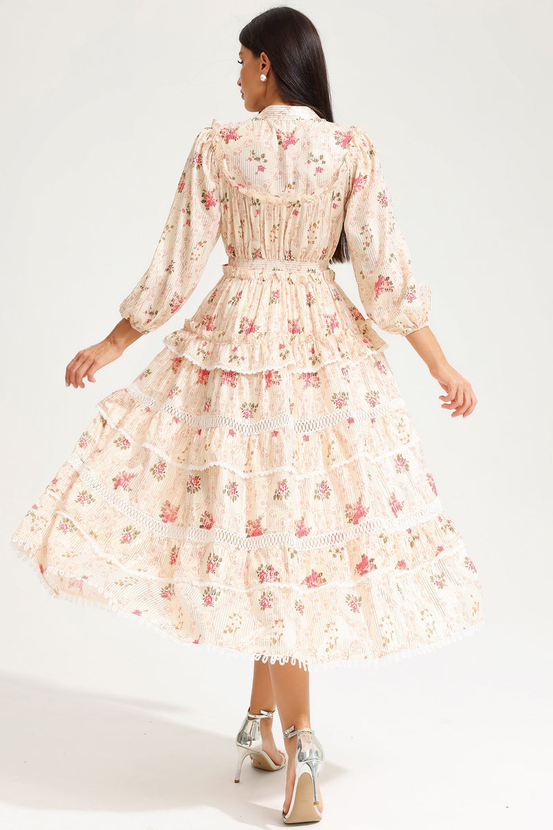 Lantern Sleeve Buckle Midi Dress Yellow