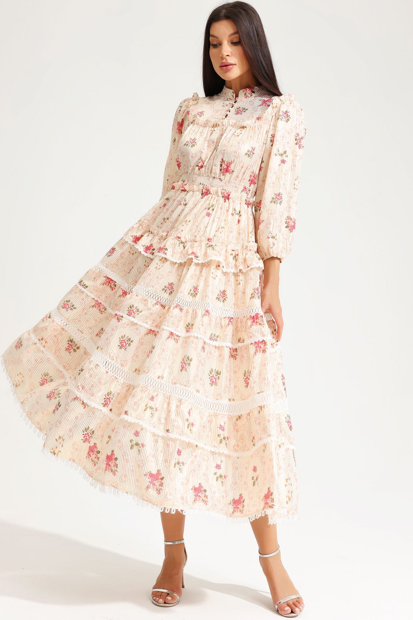 Lantern Sleeve Buckle Midi Dress Yellow