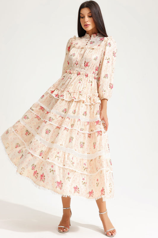 Lantern Sleeve Buckle Midi Dress Yellow