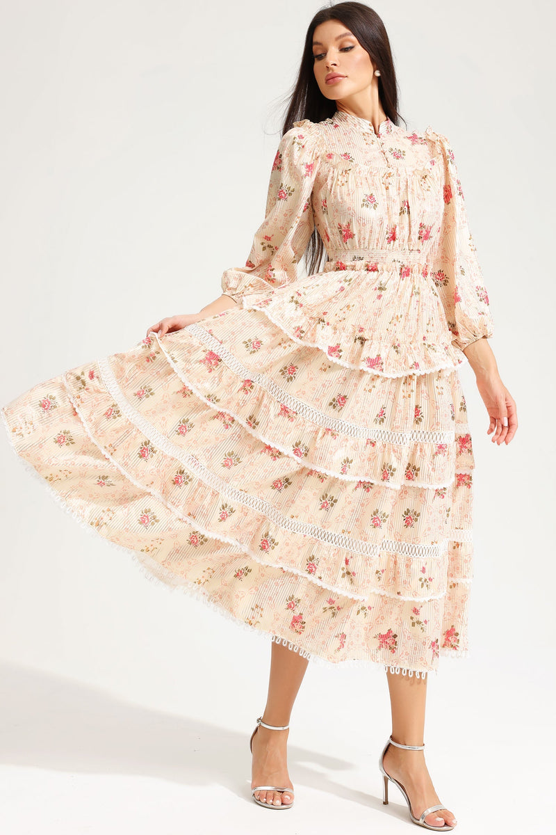 Lantern Sleeve Buckle Midi Dress Yellow